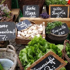 Die Auslage eines Gemüsestandes auf dem Wochenmarkt